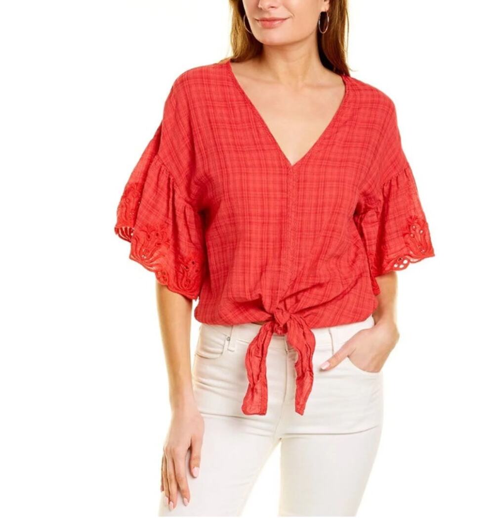Max Studio Boho Red Embroidered Eyelet Flutter Sleeve Knotted Gauze Top XL